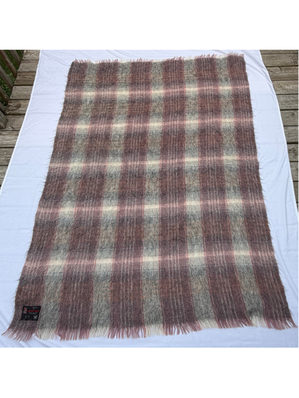 Vintage Glen Cree Mohair Throw Blanket Burgundy Grey Plaid 53” x 75” Scotland